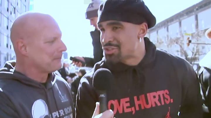 Jalen Hurts wore his new Jordan slogan adorned on a sweatshirt for Philly's second-ever Super Bowl parade