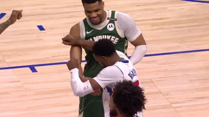 Giannis Antetokounmpo tries to have a laugh with former teammate Malik Beasley. Giannis Antetokounmpo tries to have a laugh with former teammate Malik Beasley.
