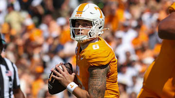 Sep 20, 2025; Knoxville, Tennessee, USA;  Tennessee Volunteers quarterback Joey Aguilar (6) looks to pass the ball against the UAB Blazers during the first quarter at Neyland Stadium. Mandatory Credit: Randy Sartin-Imagn Images