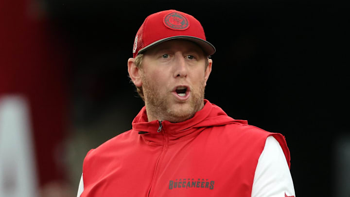 Aug 23, 2024; Tampa, Florida, USA;  Tampa Bay Buccaneers offensive coordinator Liam Coen looks on before the game against the Miami Dolphins at Raymond James Stadium. Mandatory Credit: Kim Klement Neitzel-Imagn Images