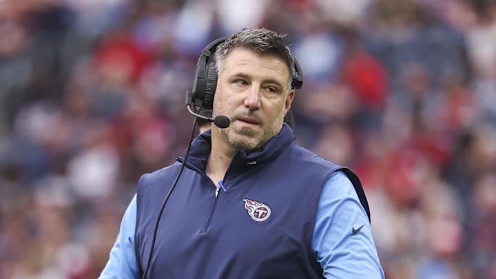 Dec 31, 2023; Houston, Texas, USA; Tennessee Titans head coach Mike Vrabel reacts after a play during the first quarter against the Houston Texans at NRG Stadium. Mandatory Credit: Troy Taormina-USA TODAY Sports