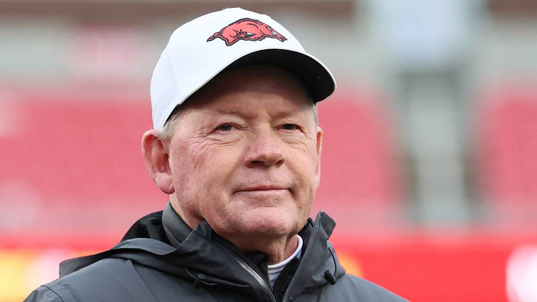 Nov 29, 2025; Fayetteville, Arkansas, USA; Arkansas Razorbacks interim head coach Bobby Petrino prior to a game against the Missouri Tigers at Donald W. Reynolds Razorback Stadium. Mandatory Credit: Nelson Chenault-Imagn Images