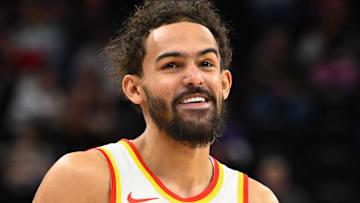 Trae Young #11 of the Atlanta Hawks reacts after a game-winning shot against the Utah Jazz.