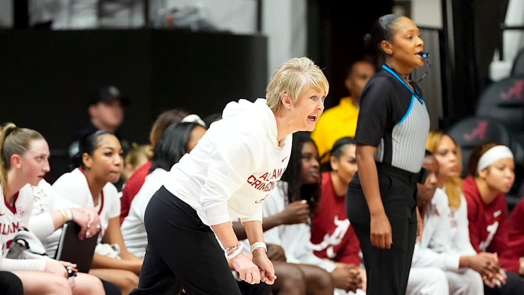 Dec 17, 2025; Tuscaloosa, AL, USA; Alabama head coach Kristy Curry coaches against Tulane at Coleman Coliseum. Mandatory Credit: Gary Cosby Jr.-Tuscaloosa News