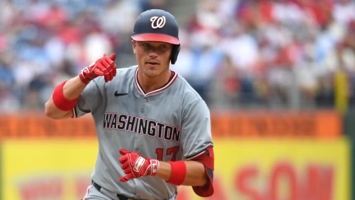 Aug 18, 2024; Philadelphia, Pennsylvania, USA; Washington Nationals outfielder Alex Call (17) celebrates his home run during the fifth inning against the Philadelphia Phillies at Citizens Bank Park. 