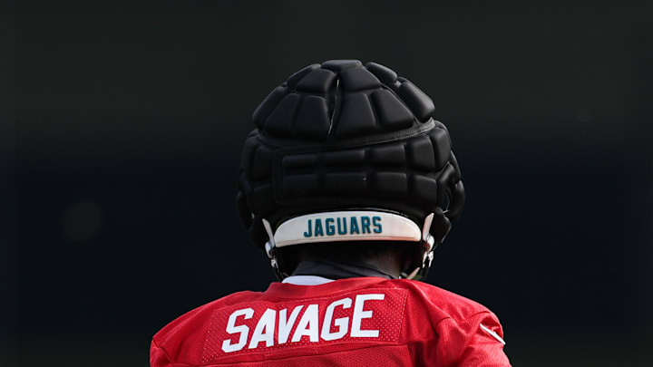 Jul 26, 2024; Jacksonville, FL, USA; Jacksonville Jaguars safety Darnell Savage (6) participates in training camp at Miller Electric Center. Mandatory Credit: Nathan Ray Seebeck-Imagn Images