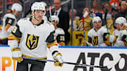 Apr 10, 2024; Edmonton, Alberta, CAN; Vegas Golden Knights forward Brendan Brisson (19) skates against the Edmonton Oilers at Rogers Place. Mandatory Credit: Perry Nelson-Imagn Images