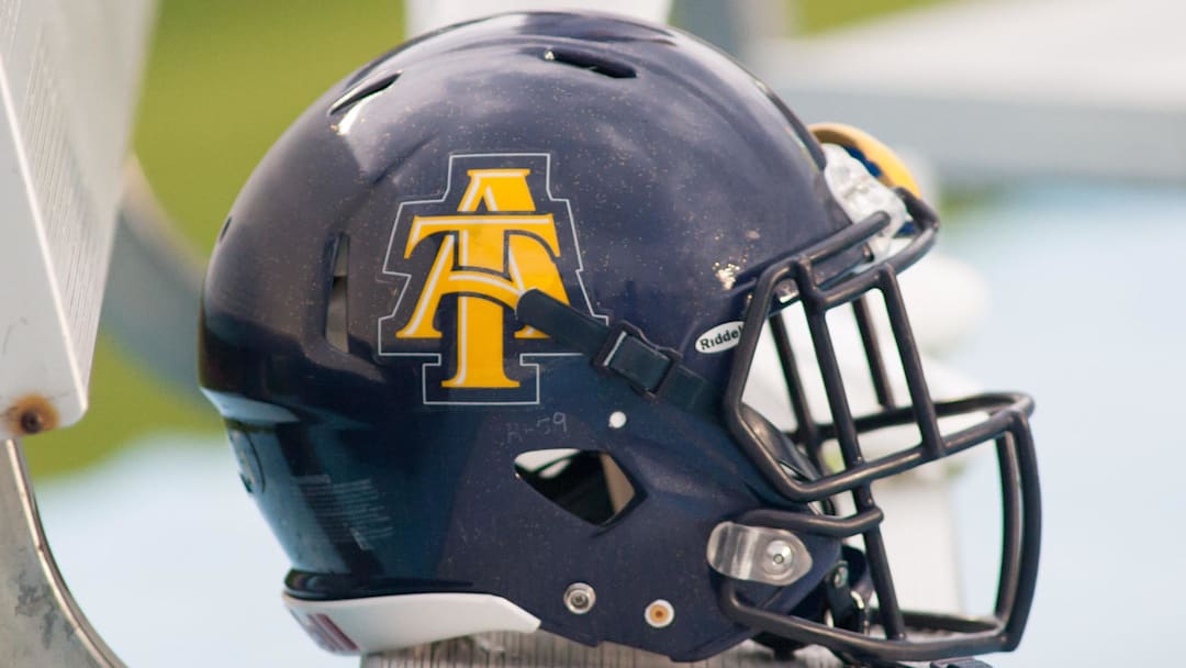 Sep 12, 2015; Chapel Hill, NC, USA; A North Carolina A&T Aggies helmet lays on the bench during the game against the North Carolina Tar Heels at Kenan Memorial Stadium. The Tar Heels defeated North Carolina A&T Aggies 53-14. Mandatory Credit: Jeremy Brevard-Imagn Images