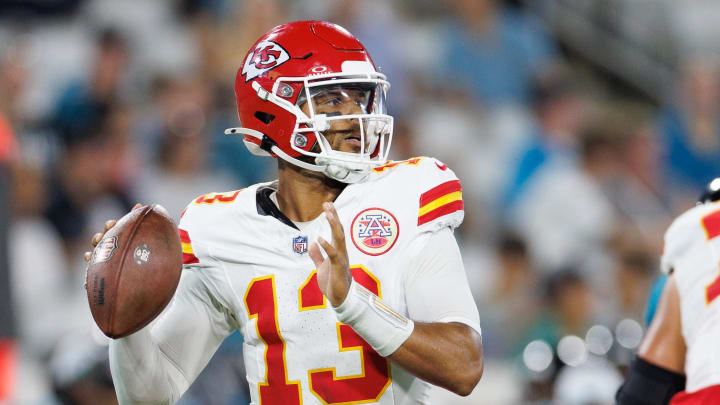 Aug 10, 2024; Jacksonville, Florida, USA; Kansas City Chiefs quarterback Chris Oladokun (13) looks to pass during the third quarter against the Jacksonville Jaguars at EverBank Stadium. Mandatory Credit: Douglas DeFelice-USA TODAY Sports