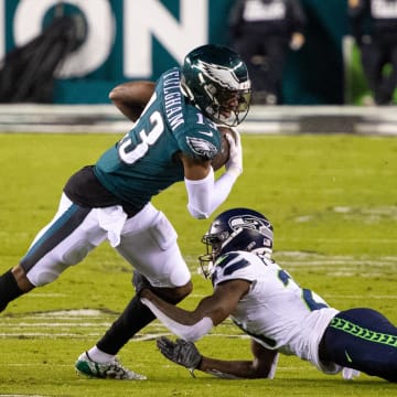 Nov 30, 2020; Philadelphia, Pennsylvania, USA; Philadelphia Eagles wide receiver Travis Fulgham (13) in action against the Seattle Seahawks at Lincoln Financial Field. Mandatory Credit: Bill Streicher-USA TODAY Sports