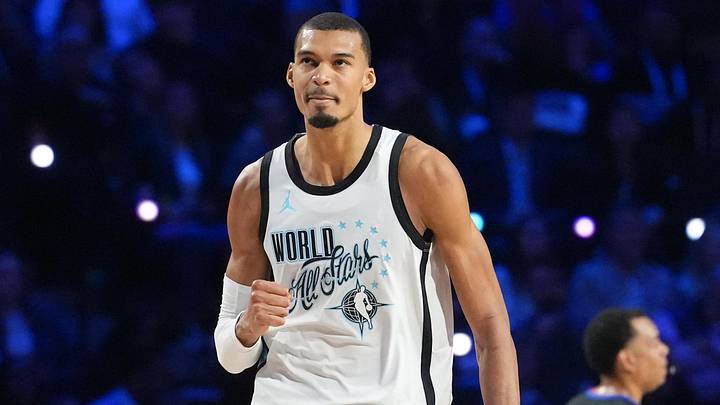 Feb 15, 2026; Inglewood, California, USA; Team World center Victor Wembanyama (1) of the San Antonio Spurs reacts in game one against Team Stars during the 75th NBA All Star Game at Intuit Dome. Mandatory Credit: Kirby Lee-Imagn Images