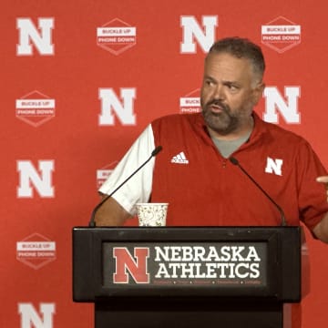 Nebraska football coach Matt Rhule talks at NU's pre-camp media day.