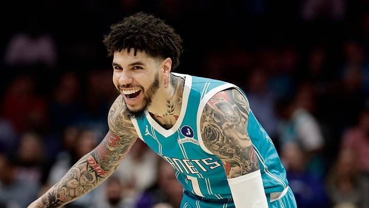Mar 19, 2026; Charlotte, North Carolina, USA; Charlotte Hornets guard LaMelo Ball (1) smiles as he dribbles the ball during the first quarter against the Orlando Magic at Spectrum Center. Mandatory Credit: Brian Westerholt-Imagn Images