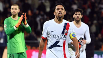 Marquinhos, Chevalier et Beraldo lors de Lorient - PSG. Marquinhos, Chevalier et Beraldo lors de Lorient - PSG.