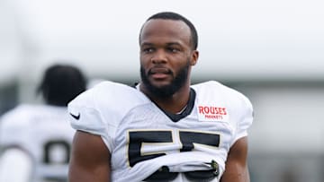 Jul 30, 2025; New Orleans, LA, USA;  New Orleans Saints defensive end Isaiah Foskey (55)  during training camp at Ochsner Sports Performance Center. Mandatory Credit: Stephen Lew-Imagn Images