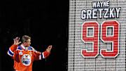 Edmonton Oilers former player Wayne Gretzky is saluted by the fans during the closing ceremonies at Rexall Place.