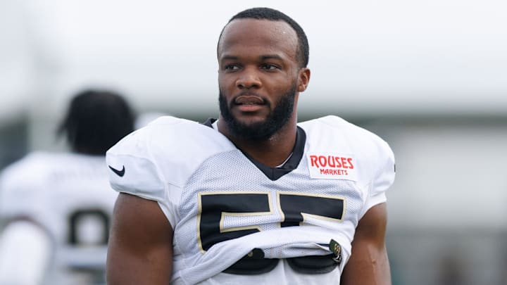 Jul 30, 2025; New Orleans, LA, USA;  New Orleans Saints defensive end Isaiah Foskey (55)  during training camp at Ochsner Sports Performance Center. Mandatory Credit: Stephen Lew-Imagn Images
