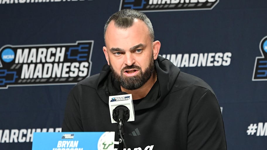 South Florida Bulls head coach Bryan Hodgson speaks to the media before an NCAA tournament practice session.