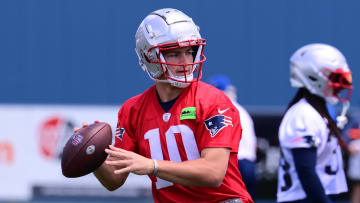 Jun 10, 2024; Foxborough, MA, USA;  New England Patriots quarterback Drake Maye (10) throws a pass at minicamp at Gillette Stadium. Mandatory Credit: Eric Canha-USA TODAY Sports