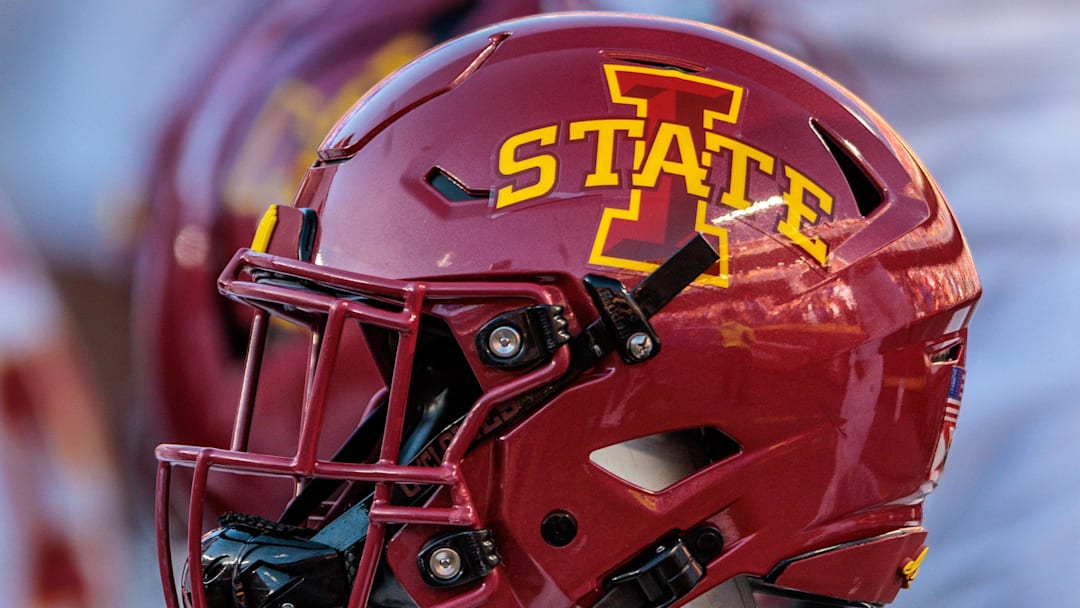 Nov 9, 2024; Kansas City, Missouri, USA; Iowa State Cyclones helmets on the bench during the first quarter against the Kansas Jayhawks at GEHA Field at Arrowhead Stadium. 