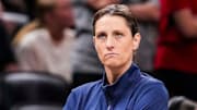 Indiana Fever head coach Stephanie White looks up Wednesday, July 9, 2025, during a game between the Indiana Fever and the Golden State Valkyries at Gainbridge Fieldhouse in Indianapolis. The Golden State Valkyries defeated the Indiana Fever, 80-61.