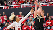 Jan 22, 2023; Stanford, California, USA; Colorado Buffaloes guard Frida Formann (3) scores a three point basket against Stanford Cardinal guard Jzaniya Harriel (32) during the first quarter at Maples Pavilion. Mandatory Credit: Kelley L Cox-Imagn Images