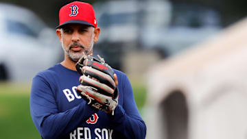 Boston Red Sox manager Alex Cora (13) looks on before the game against the Athletics at Sutter Health Park.