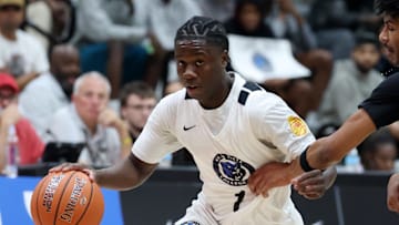 Jan 3, 2025; Gilbert, AZ, USA; CIA Bella Vista (AZ) guard Miles Sadler (1) against Arizona Compass Prep during the Hoophall West High School Invitational at Highland High School. Mandatory Credit: Mark J. Rebilas-Imagn Images