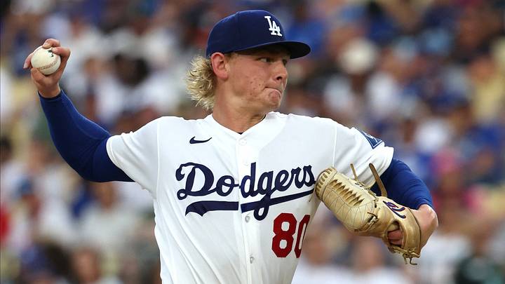 Los Angeles Dodgers starting pitcher Emmet Sheehan (80) throws a pitch