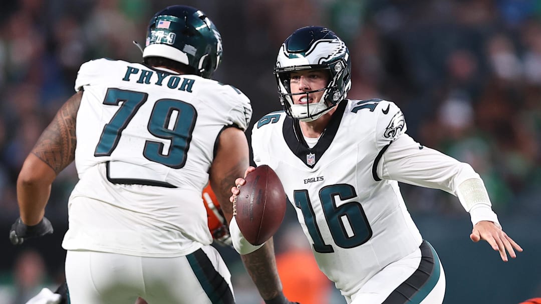 Aug 7, 2025; Philadelphia, Pennsylvania, USA; Philadelphia Eagles quarterback Tanner McKee (16) runs out of the pocket against the Cincinnati Bengals during the second quarter at Lincoln Financial Field.