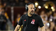 Oct 17, 2025; Minneapolis, Minnesota, USA; Nebraska Cornhuskers head coach Matt Rhule looks on during the second half against the Minnesota Golden Gophers at Huntington Bank Stadium. 