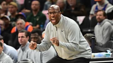 Oct 28, 2025; Milwaukee, Wisconsin, USA;  New York Knicks head coach Mike Brown reacts in the 4th quarter against the Milwaukee Bucks at Fiserv Forum. Mandatory Credit: Benny Sieu-Imagn Images