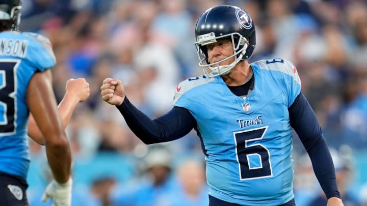 Tennessee Titans kicker Nick Folk (6) celebrates an extra point against the Seattle Seahawks during the second quarter at Nissan Stadium in Nashville, Tenn., Saturday, Aug. 17, 2024.