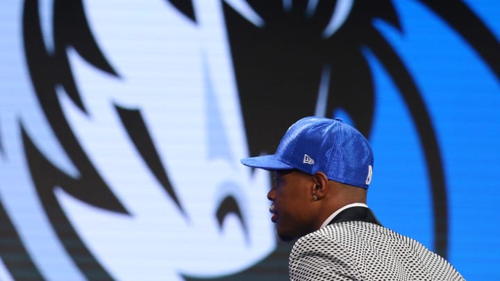 Jun 22, 2017; Brooklyn, NY, USA; Dennis Smith, Jr. (NC State) is introduced as the number nine overall pick to the Dallas Mavericks in the first round of the 2017 NBA Draft at Barclays Center. Mandatory Credit: Brad Penner-USA TODAY Sports