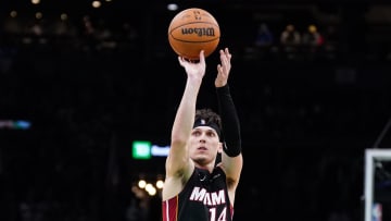 Apr 24, 2024; Boston, Massachusetts, USA; Miami Heat guard Tyler Herro (14) shoots a free throw against the Boston Celtics in the second half during game two of the first round for the 2024 NBA playoffs at TD Garden. Mandatory Credit: David Butler II-USA TODAY Sports