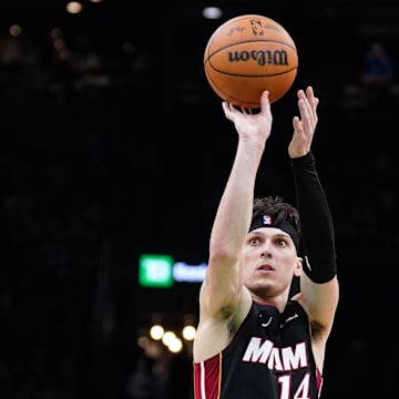 Apr 24, 2024; Boston, Massachusetts, USA; Miami Heat guard Tyler Herro (14) shoots a free throw against the Boston Celtics in the second half during game two of the first round for the 2024 NBA playoffs at TD Garden. Mandatory Credit: David Butler II-USA TODAY Sports