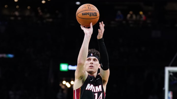 Apr 24, 2024; Boston, Massachusetts, USA; Miami Heat guard Tyler Herro (14) shoots a free throw against the Boston Celtics in the second half during game two of the first round for the 2024 NBA playoffs at TD Garden. Mandatory Credit: David Butler II-USA TODAY Sports