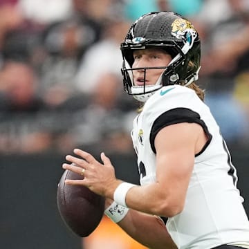 Nov 2, 2025; Paradise, Nevada, USA; Jacksonville Jaguars quarterback Trevor Lawrence (16) drops back to make a pass during the first half against the Las Vegas Raiders at Allegiant Stadium. Mandatory Credit: Kirby Lee-Imagn Images