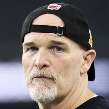 Jan 5, 2025; Arlington, Texas, USA;  Washington Commanders head coach Dan Quinn before the game against the Dallas Cowboys at AT&T Stadium. Mandatory Credit: Kevin Jairaj-Imagn Images
