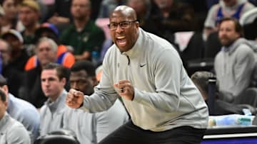 Oct 28, 2025; Milwaukee, Wisconsin, USA;  New York Knicks head coach Mike Brown reacts in the 4th quarter against the Milwaukee Bucks at Fiserv Forum. Mandatory Credit: Benny Sieu-Imagn Images