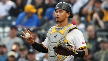 Apr 5, 2025; Pittsburgh, Pennsylvania, USA;  Pittsburgh Pirates catcher Endy Rodriguez (5) asks for time-out against the New York Yankees during the fifth inning at PNC Park. Mandatory Credit: Charles LeClaire-Imagn Images