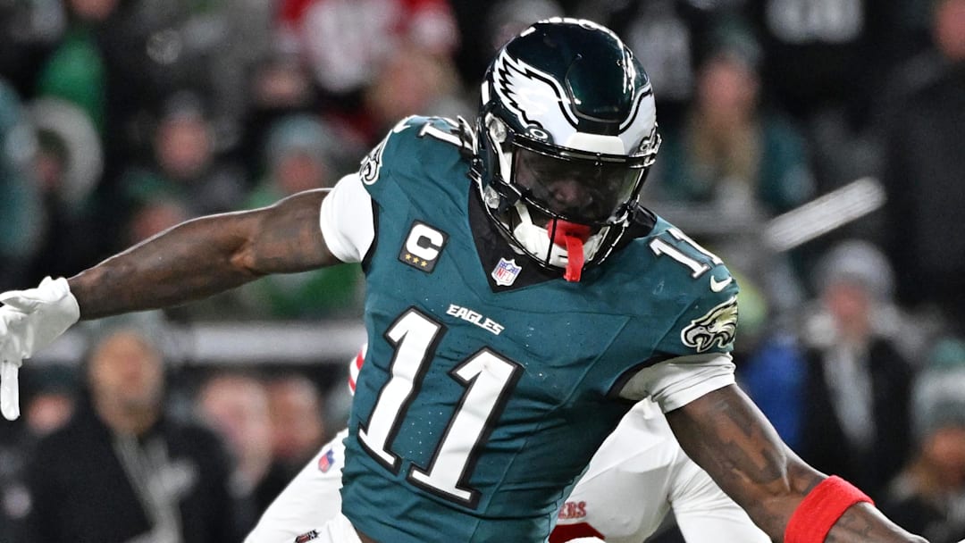 Jan 11, 2026; Philadelphia, PA, USA; Philadelphia Eagles wide receiver A.J. Brown (11) can't make catch during the fourth quarter against the San Francisco 49ers  in an NFC Wild Card Round game at Lincoln Financial Field. Mandatory Credit: Eric Hartline-Imagn Images