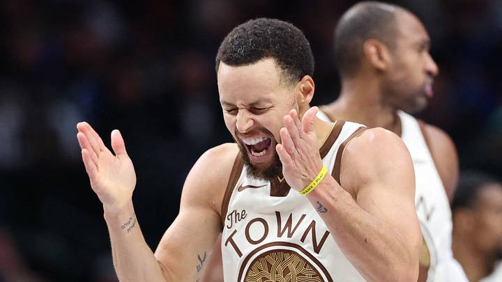 Jan 22, 2026; Dallas, Texas, USA; Golden State Warriors guard Stephen Curry (30) reacts during the second half against the Golden State Warriors at American Airlines Center. Mandatory Credit: Kevin Jairaj-Imagn Images
