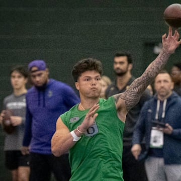 Oregon quarterback Dillon Gabriel throws out a pass during the Oregon football’s Pro Day Tuesday, March 18, 2025, at the Moshofsky Center in Eugene, Ore.