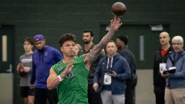 Oregon quarterback Dillon Gabriel throws out a pass during the Oregon football’s Pro Day Tuesday, March 18, 2025, at the Mosh