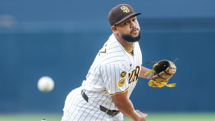 Mar 28, 2026; San Diego, California, USA; San Diego Padres starting pitcher Randy Vasquez (98) throws a pitch during the first inning against the Detroit Tigers at Petco Park. Mandatory Credit: David Frerker-Imagn Images