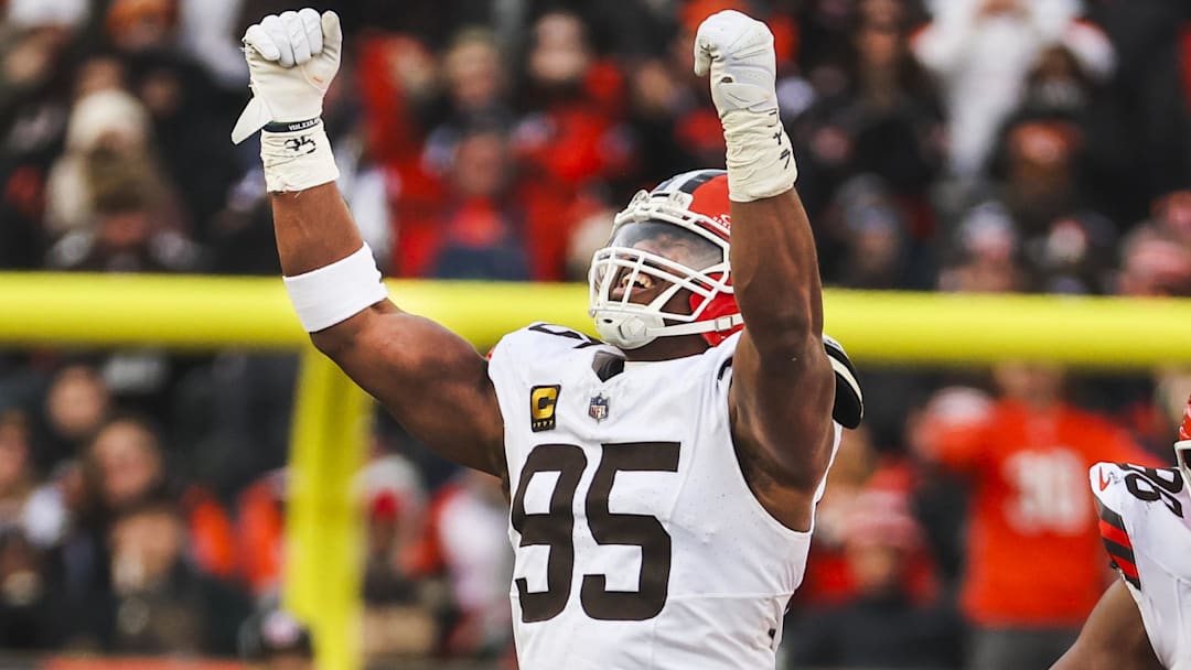 Cleveland Browns defensive end Myles Garrett (95) celebrates after sacking Cincinnati Bengals quarterback Joe Burrow (9) 