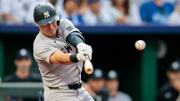 New York Yankees shortstop Anthony Volpe at bat during the fifth inning of an MLB game against the Kansas City Royals