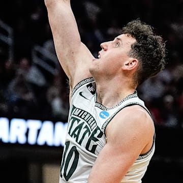 Michigan State center Szymon Zapala (10) goes to the basket against New Mexico during the second half of the Second Round of NCAA tournament at Rocket Arena in Cleveland, Ohio on Sunday, March 23, 2025.