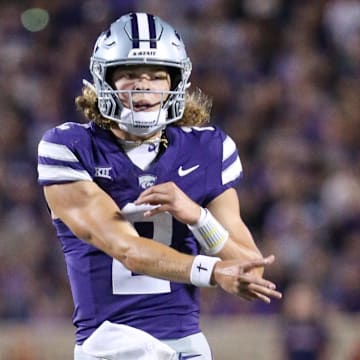 Sep 13, 2024; Manhattan, Kansas, USA; Kansas State Wildcats quarterback Avery Johnson (2) passes the ball during the fourth quarter against the Arizona Wildcats at Bill Snyder Family Football Stadium. Mandatory Credit: Scott Sewell-Imagn Images